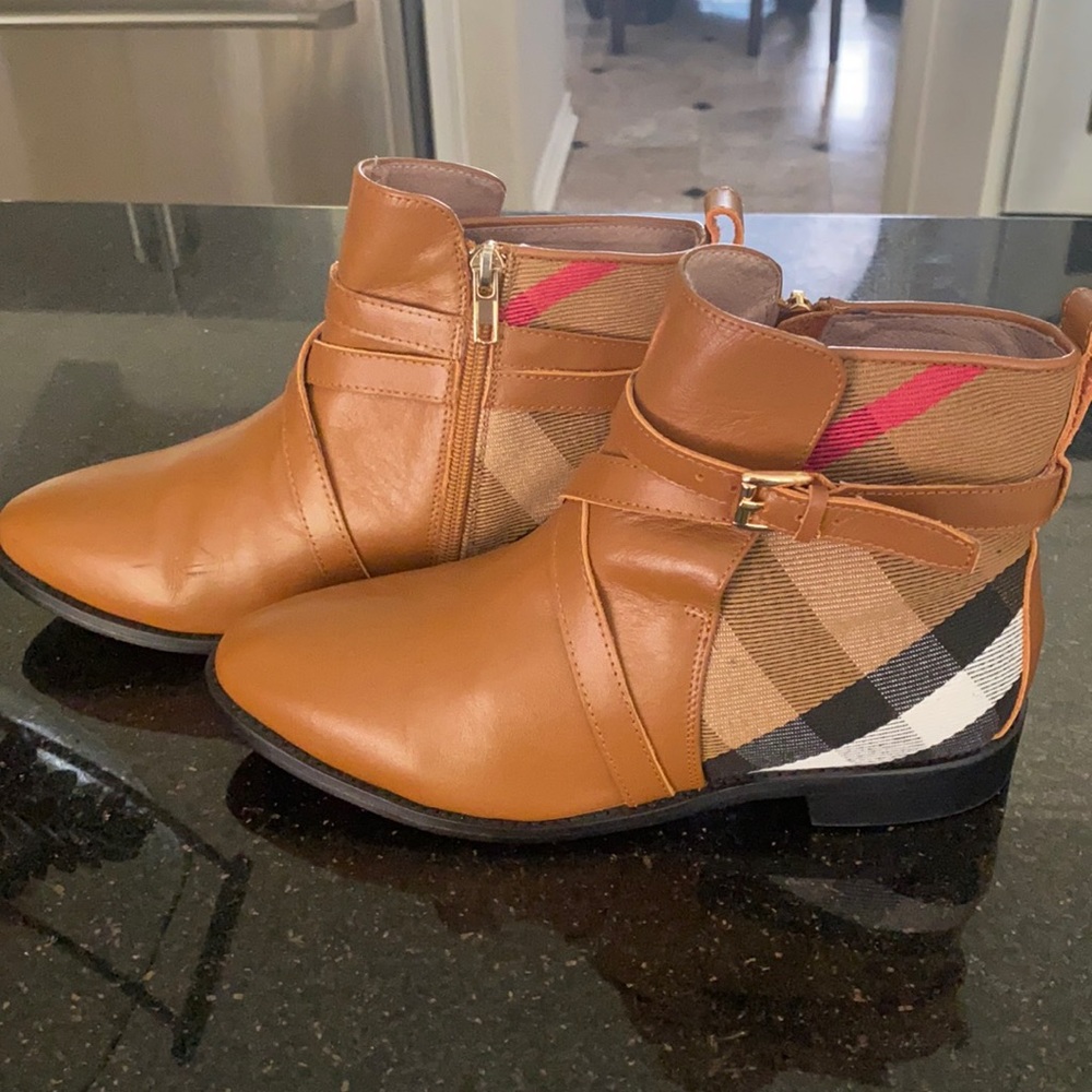 Burberry Tan & Black Check Leather Ankle Boots